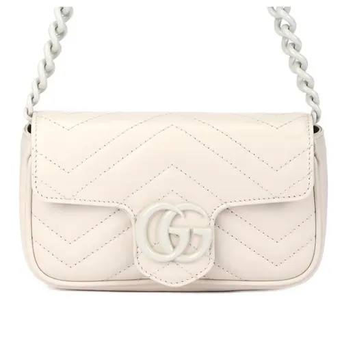 GUCCI GG Marmont V Shaped Quilted Leather Flap Bag Shoulder Bag, Fanny Pack Extra Mini Women's White