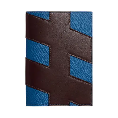 HERMES H Tag Evercalf Epsom Leather Passport Holder Women's Havana Coffee & French Blue