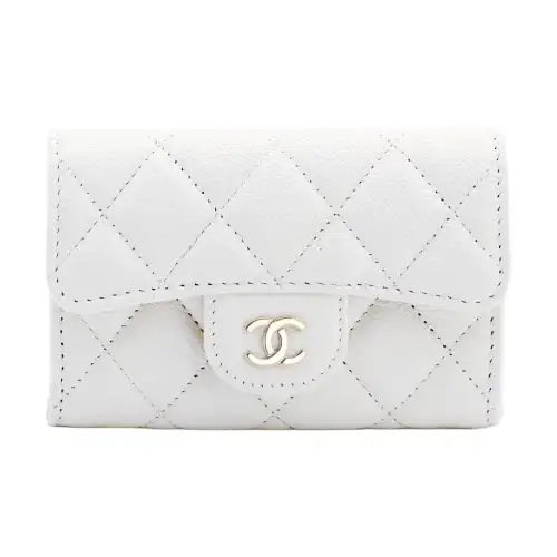 CHANEL Shiny Grain Calfskin & Gold Metal Card Holder Small Women's White