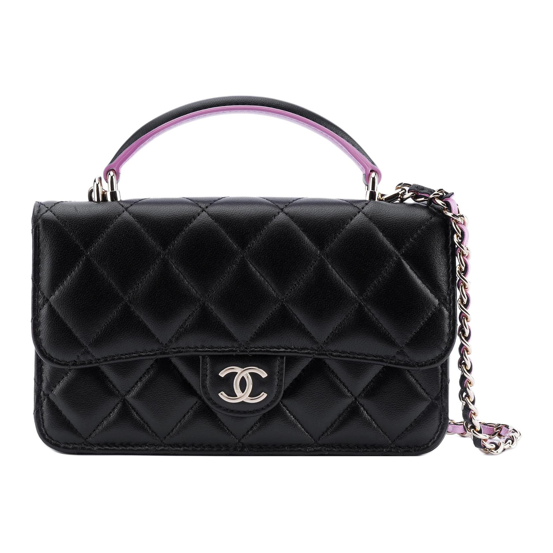 CHANEL Chanel 23P spring and summer WOC black and pink color handle chain flap leather chain rhombus sheepskin one-shoulder crossbody handbag mini women's black/pink
