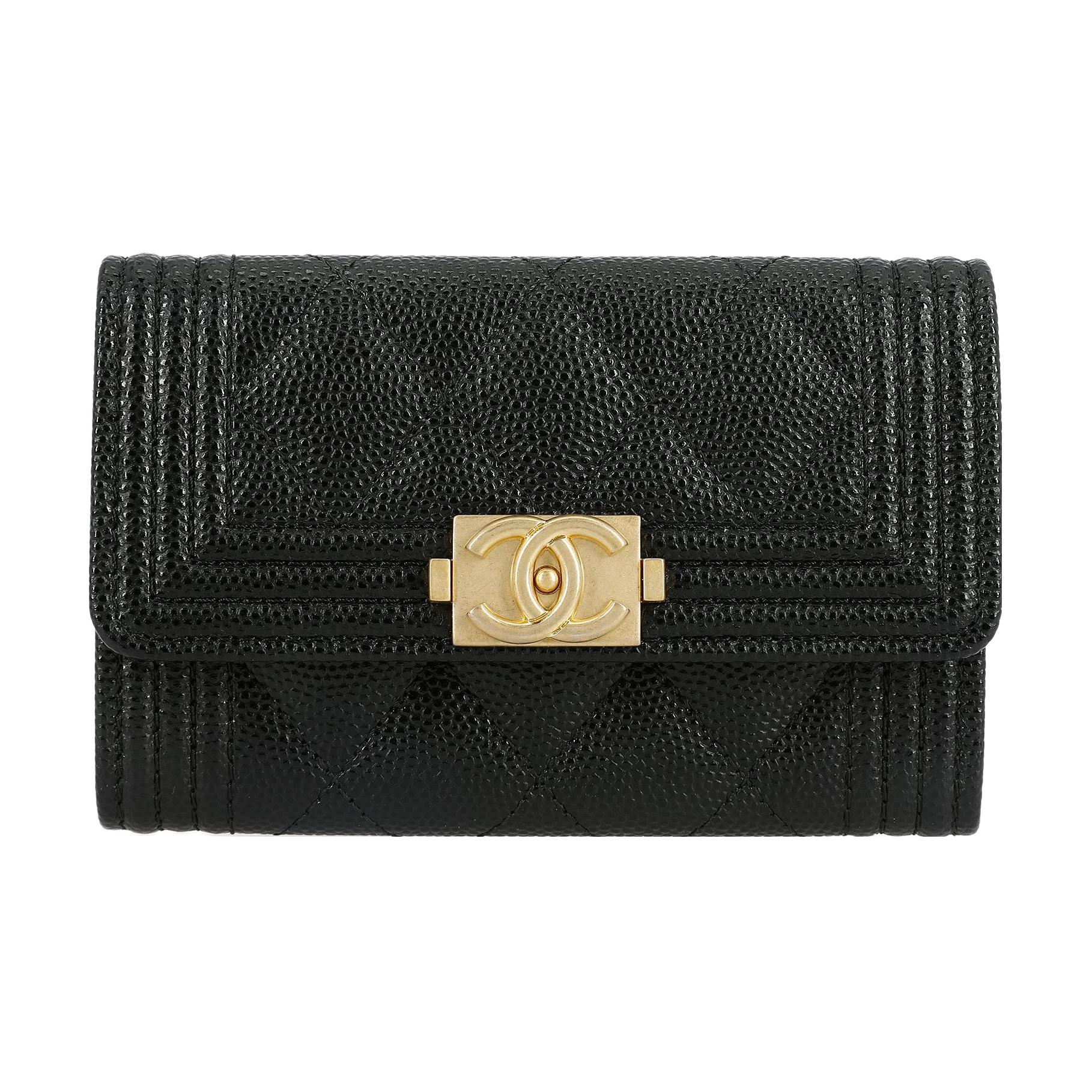 CHANEL 21K Winter Leboy Litchi Grain Sheepskin Flap Bag Card Holder, Wallet Women's Black