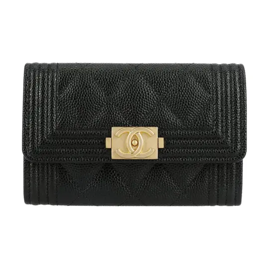 CHANEL 21K Winter Leboy Litchi Grain Sheepskin Flap Bag Card Holder, Wallet Women's Black