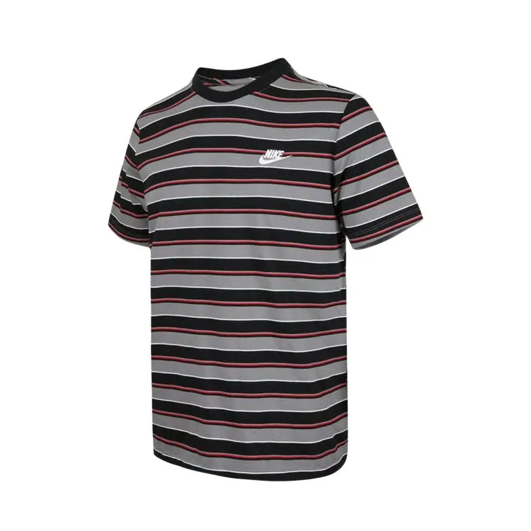 Nike Club T-Shirts Men's Gray Black Stripes Crew Neck Moderate