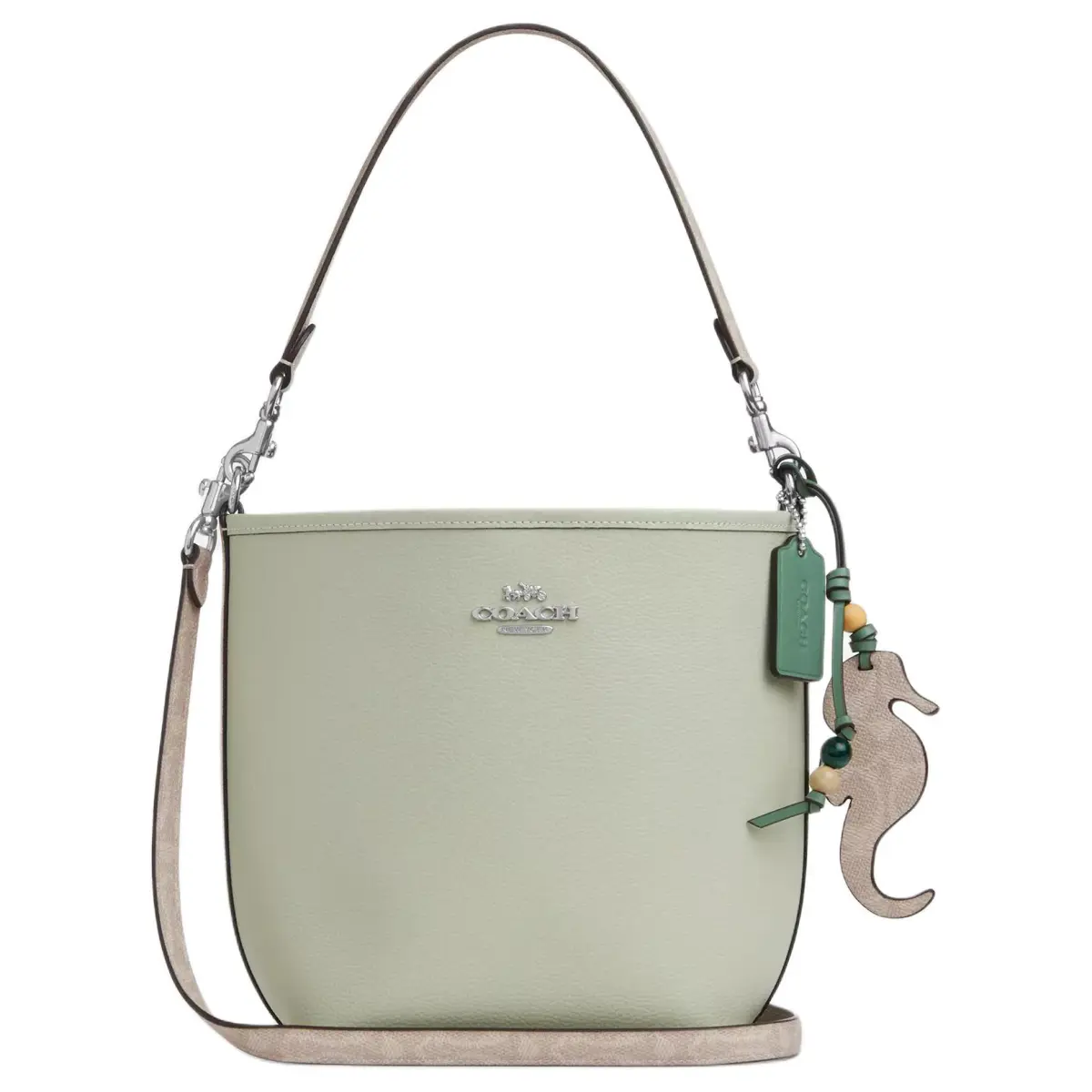 COACH City Bucket Leather With Print Coated Canvas Handbag, Shoulder Bag Small Women's Silver & Light Pistachio