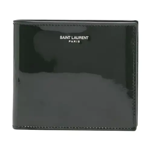 SAINT LAURENT PARIS Patent Leather Calfskin Wallet Men's Dark Green