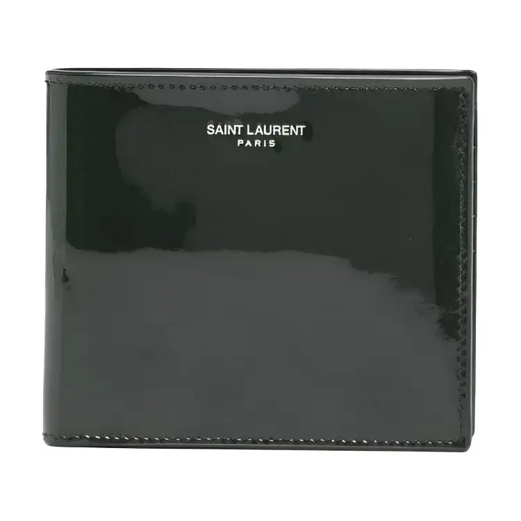 SAINT LAURENT PARIS Patent Leather Calfskin Wallet Men's Dark Green