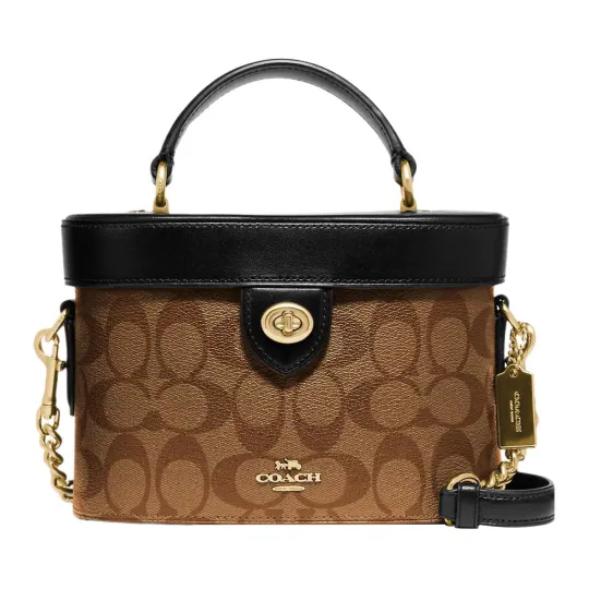 COACH Kay 20 Классическая сумка-коробка с полным логотипом и логотипом Сумка через плечо Сумка из ПВХ с кожаной сумкой Маленькая женская Черный с коричневым для пресбиопии