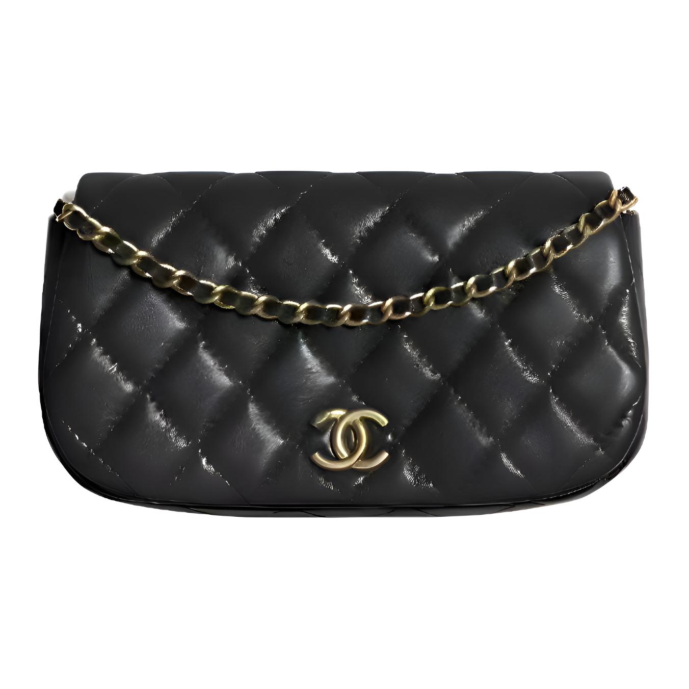 CHANEL 22K Autumn And Winter Sheepskin Flap Bag Cell Phone Pouch Women's Black