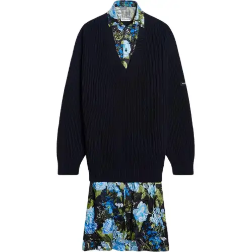 Balenciaga Long Sleeved Dresses Women's Blue Lapel Moderate Mid Length