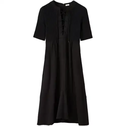 LOEWE Short Sleeved Dresses Women's Black V Neck Moderate Mid Length