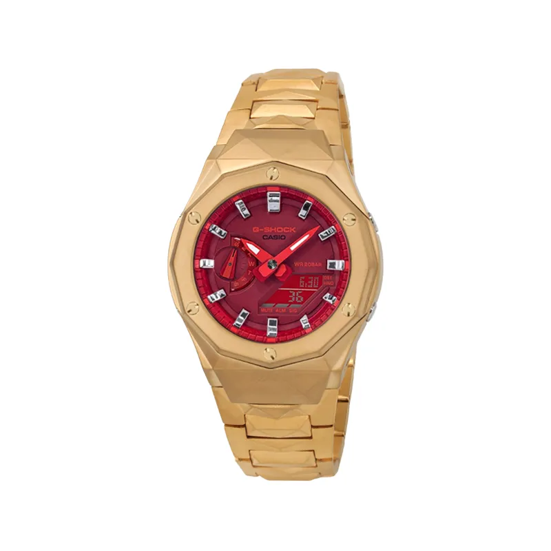 CASIO Custom Collection Electronic Movement Metal Strap Watch Unisex Red Watch Dial