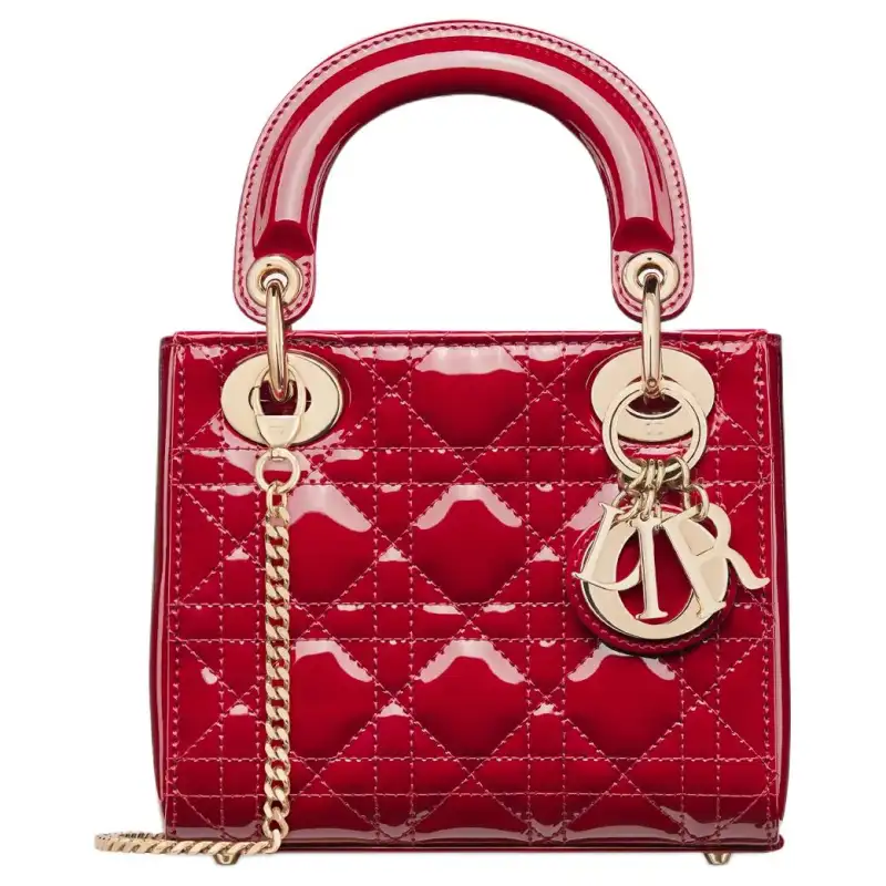 DIOR Lady Dior Patent Leather, Cow Leather Handbag, Shoulder Bag, Crossbody Bag, Handbag Mini Women's Cherry Red