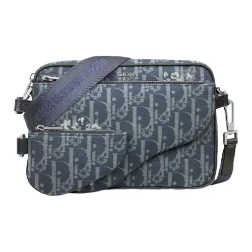 DIOR Tears Oblique Et Peace Embroidered Denim Saddle Bag, Shoulder Bag, Crossbody Bag Men's Blue