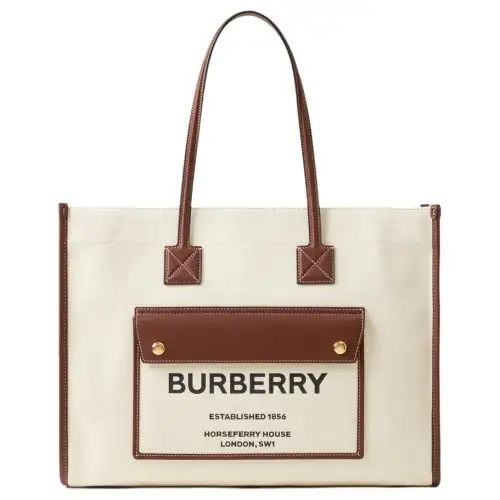 Burberry Freya Cotton With Calfskin Tote Bag, Shopping Bag, Handbag, Shoulder Bag Small Women's Natural & Tan