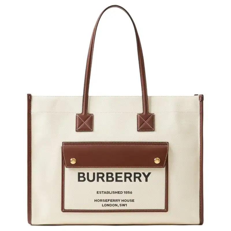 Burberry Freya Cotton With Calfskin Tote Bag, Shopping Bag, Handbag, Shoulder Bag Small Women's Natural & Tan