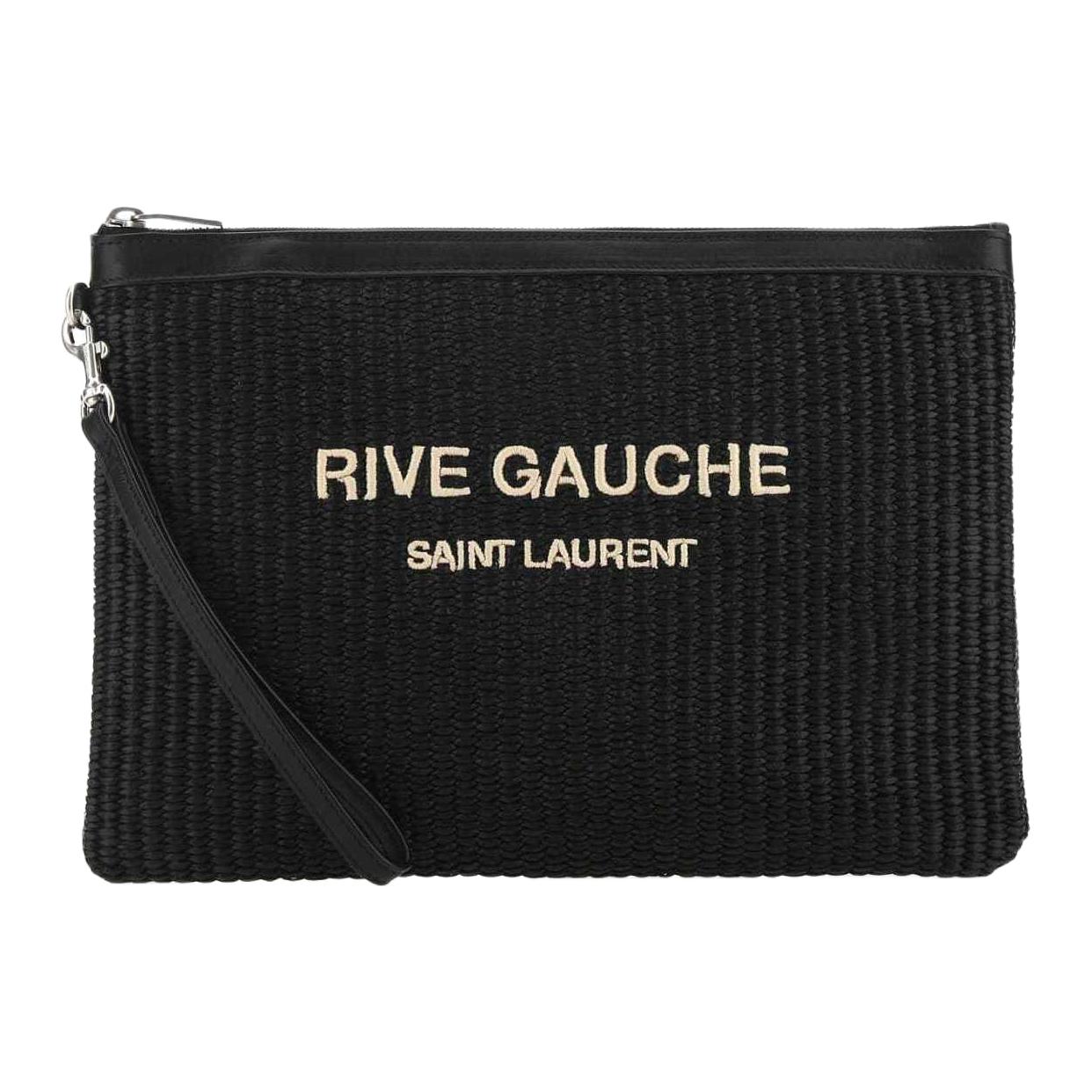 SAINT LAURENT Rive Gauche Woven Raffia With Leather Clutch Unisex Black