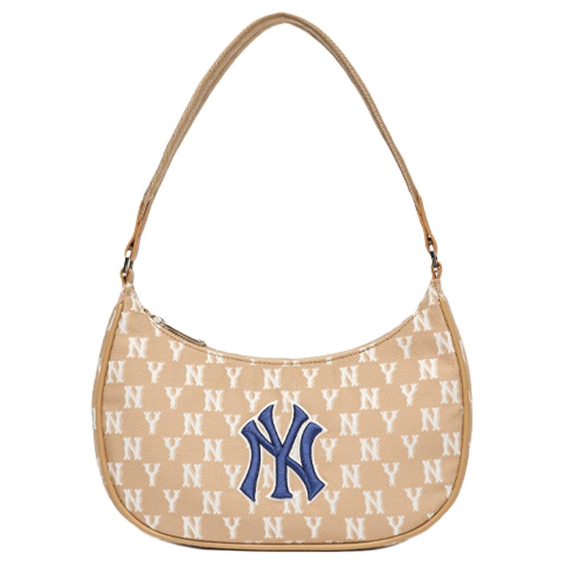 MLB Monogram Series Retro Old Flowers All Over Printed NY New York Yankees Underarm Bag Mahjong Bag Artificial Leather Polyester Fiber Shoulder Bag Women's Cream Latte Color