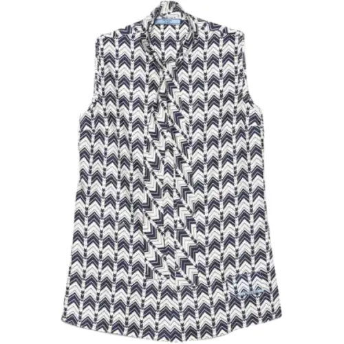 PRADA Shirts Women's Blue With White Lettering Crew Neck Moderate Shirt