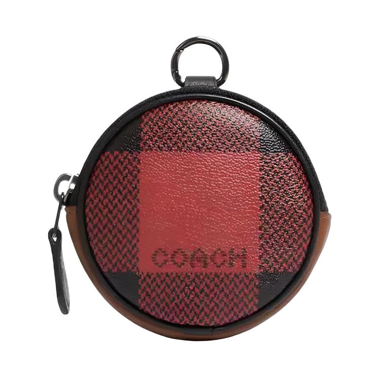 COACH Coach 11 Round Printed Coated Canvas and Smooth Calfskin Coin Purse Mini Unisex Couple Black and Red Brown