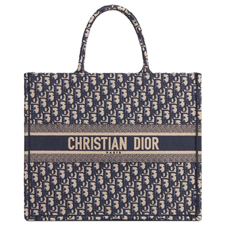 DIOR Large DIOR Book Tote Ecru And Blue DIOR Oblique Embroidery