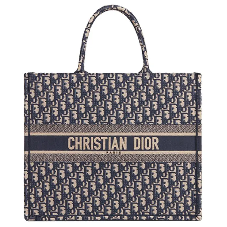 DIOR Large DIOR Book Tote Ecru And Blue DIOR Oblique Embroidery