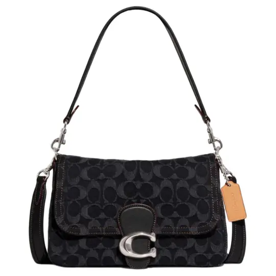 COACH Soft Tabby Fabric With Cow Leather Shoulder Bag, Crossbody Bag Medium Women's Black