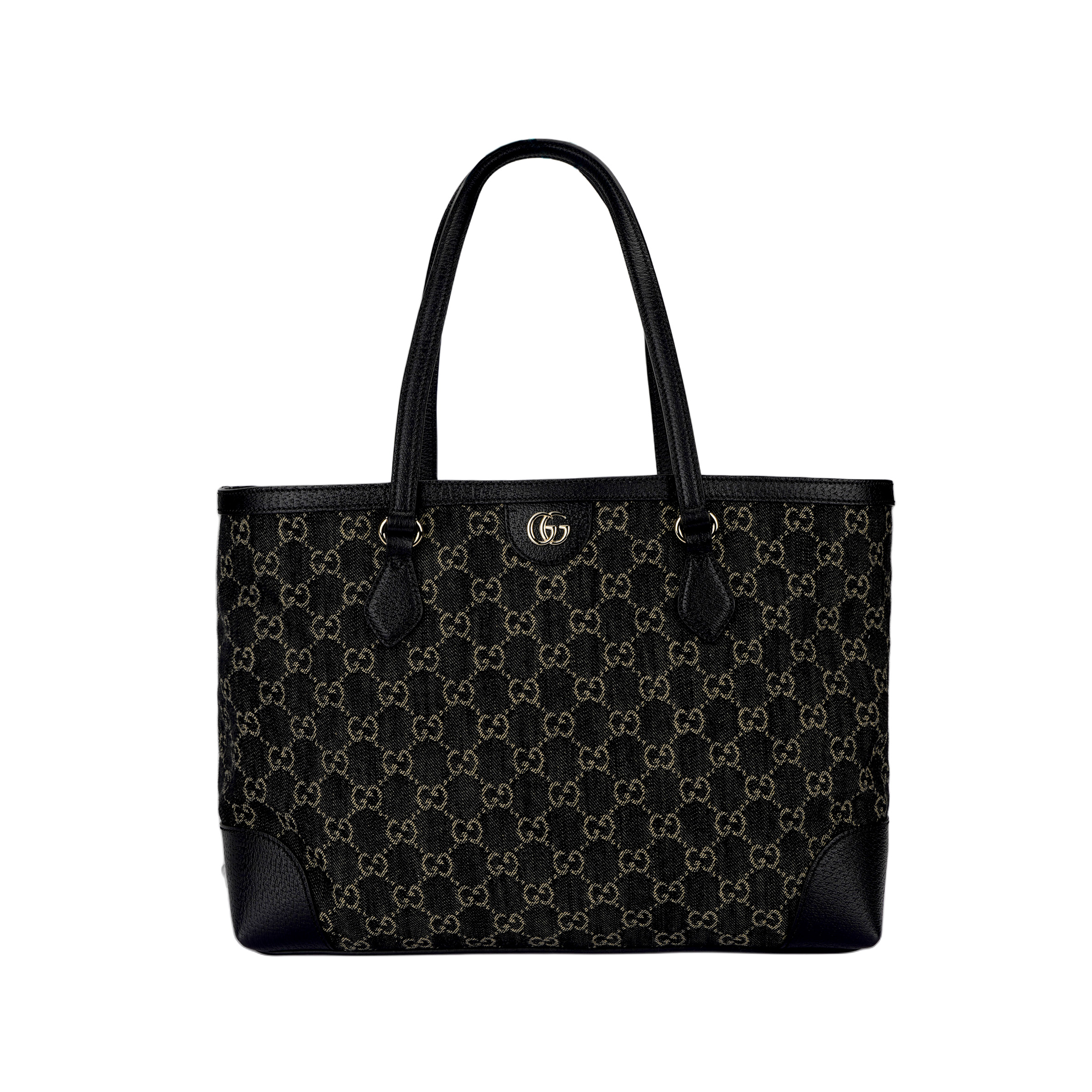GUCCI Ophidia Denim With Leather Tote Bag, Shopping Bag, Shoulder Bag, Handbag Medium Women's Black & Ivory White