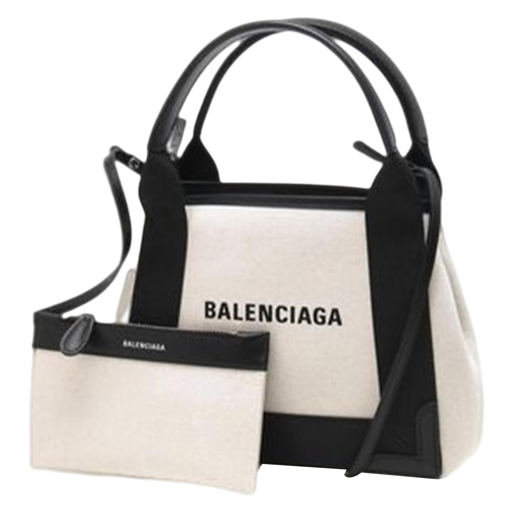 Женская сумка Balenciaga Navy Logo Tote (черно-бежевая) — фото 2