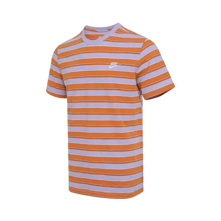 Nike Club T-Shirts Men's Stripes Orange Crew Neck Moderate