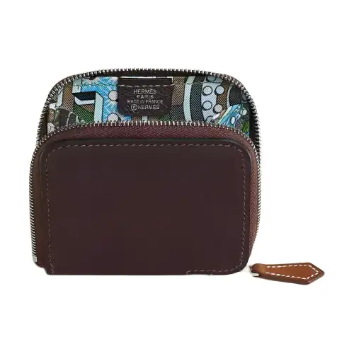 HERMES Silk'In Epsom Leather Wallet Women's Mocha & Silk Green & Sky Blue