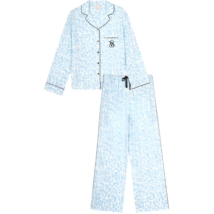 Victoria's Secret Victoria's Secret suit collar, single-breasted, comfortable long-sleeved top, lace-up mid-waist all-over printed pajamas, Tencel cotton soft pajama set, dense texture, light and smooth, women's model, blue leopard print