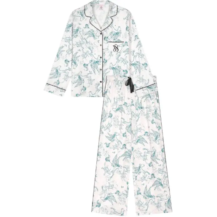Victoria's Secret Pajama Set Lightweight Smooth And Sleek Shiny Satin Women's Turquoise Pegasus Print