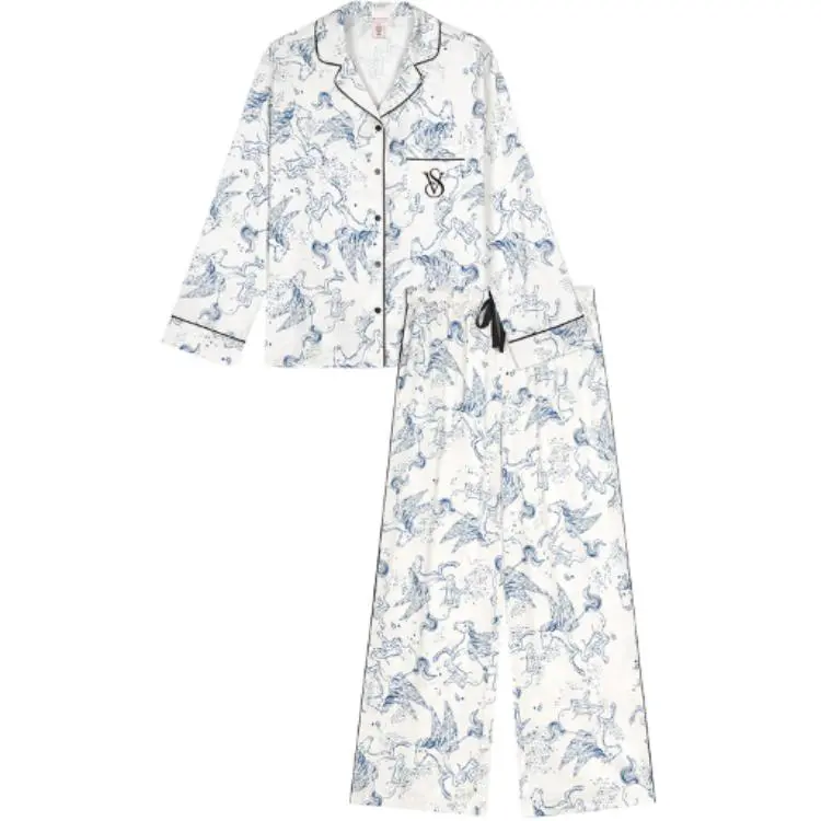 Victoria's Secret Pajama Set Lightweight Smooth And Sleek Shiny Satin Women's Ink Blue Pegasus Print