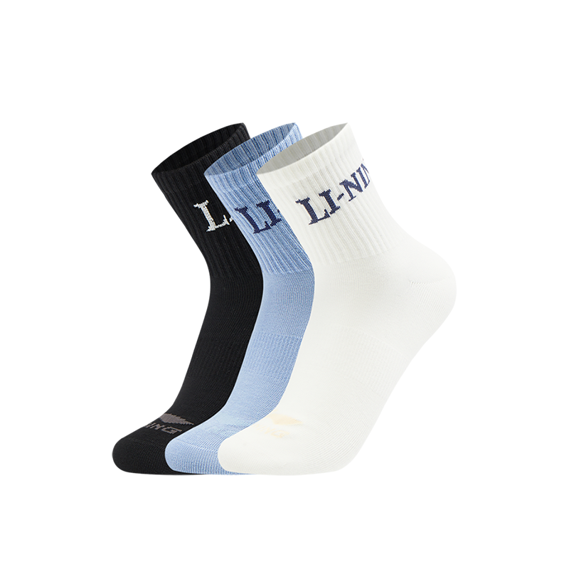 Li Ning Sports Life Collection Crew Socks Unisex 3 Pack Frost Blue/Black/Ivory
