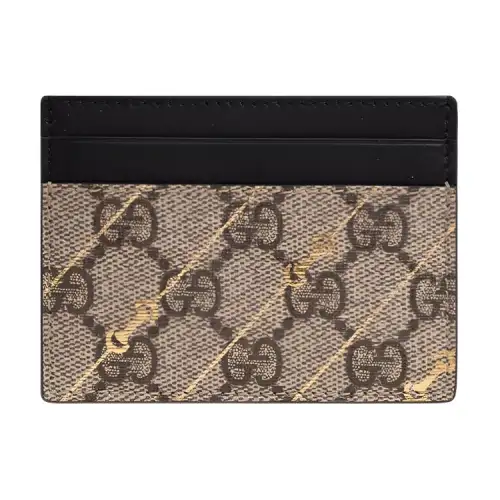 GUCCI Canvas With Leather Card Holder Women's Beige & Black