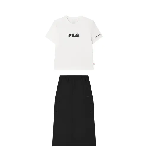 FILA Two Piece Skirt Sets Women's Clothing Sets Cloud White+Jet Black Crew Neck Moderate Long