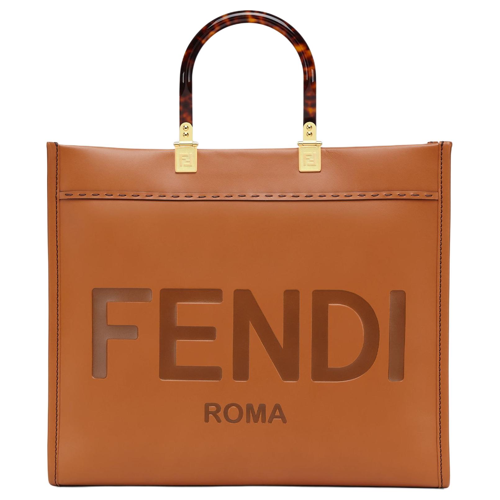 FENDI Фенди Саншайн металлический Распространение логотипа слова Твердый панцирь черепахи имеет Машиная стеклянная ручка кожаный GE TOTT пакет Tote пакет Сумка для покупок один плечо пакет Крест -тело пакет портативный пакет Середина женский коричневый