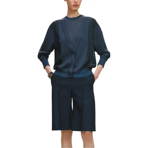 HERMES Knitwear Women's Ink Blue V Neck Moderate Cardigan