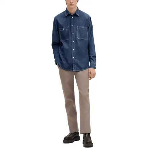 HERMES Shirts Men's Blue Pointed Collar Moderate Denim