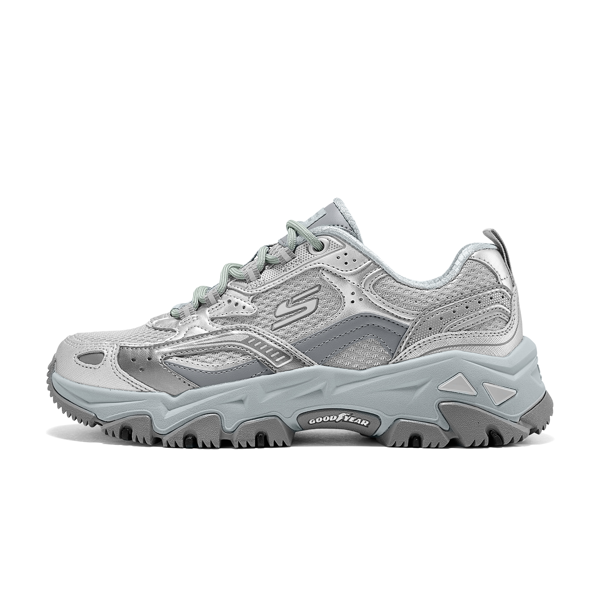 Skechers Skechers Yunyu shoes, mountain style aesthetics, spring and summer style, fashionable and comfortable, lightweight cushioning, thick-soled heightening shoes, sports mountaineering, shock-absorbing, wear-resistant and breathable, low-cut outdoor functional shoes, women's style, silver gray