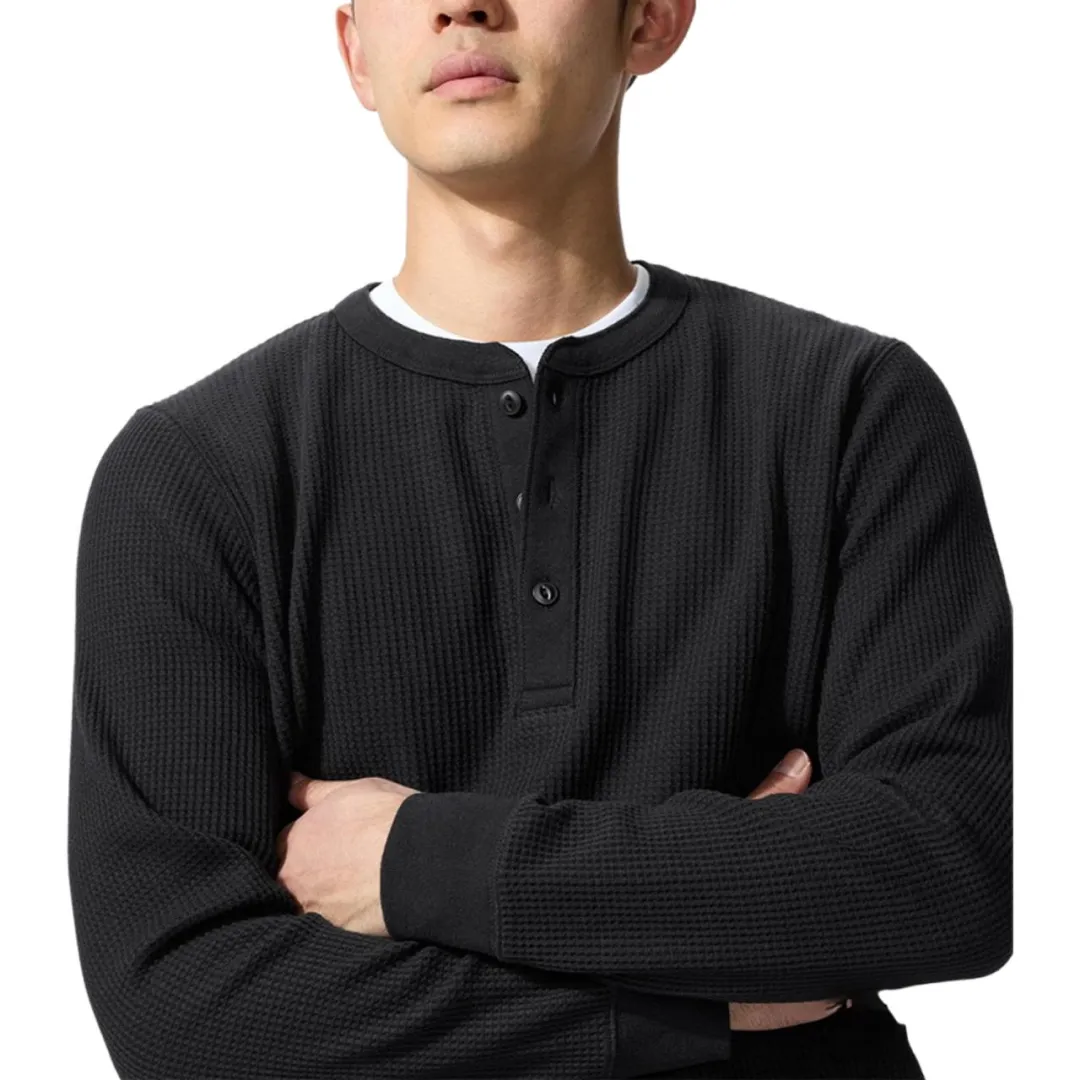 UNIQLO T Shirts Unisex Black Henry Collar