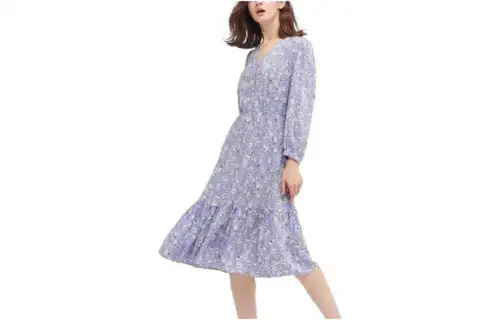 UNIQLO Long Sleeved Dresses Women's Light Blue Purple V Neck Mid Length