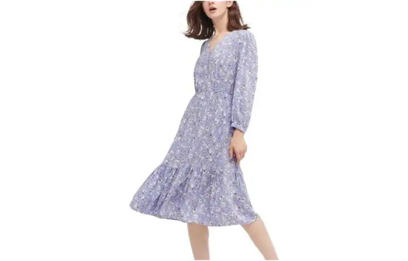 UNIQLO Long Sleeved Dresses Women's Light Blue Purple V Neck Mid Length