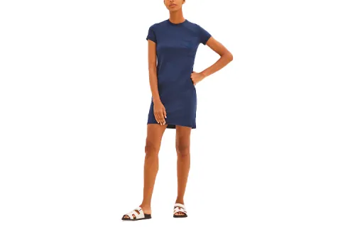 HERMES Short Sleeved Dresses Women's Blue Crew Neck Moderate Short
