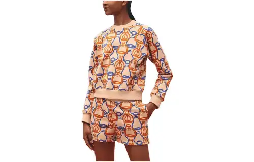 HERMES Hermès SS23 geometric pattern all-over round neck pullover sweatshirt for women, beige