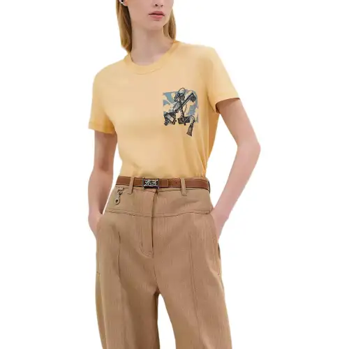 HERMES T Shirts Women's Yellow Crew Neck Moderate Straight Fit
