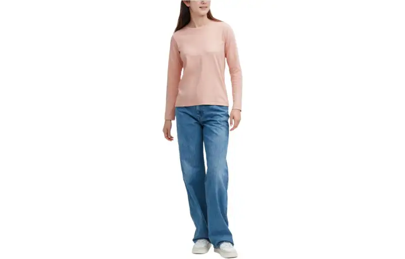 UNIQLO T Shirts Women's Pastel Pink Crew Neck Moderate Straight Fit
