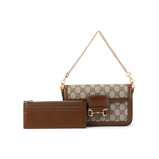 GUCCI Horsebit 1955 Canvas With Leather Crossbody Bag, Shoulder Bag Mini Women's Brown