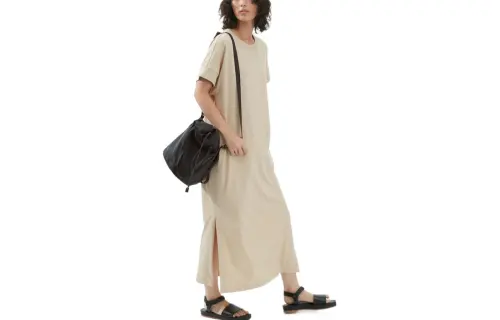 UNIQLO U Collection Short Sleeved Dresses Women's Light Beige Crew Neck Long