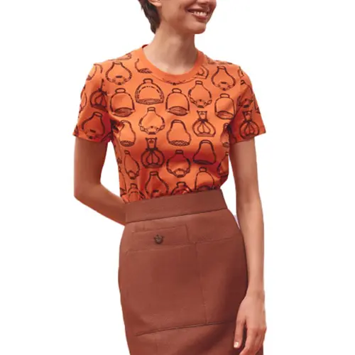 HERMES SS23 T Shirts Women's Orange Crew Neck Moderate Straight Fit